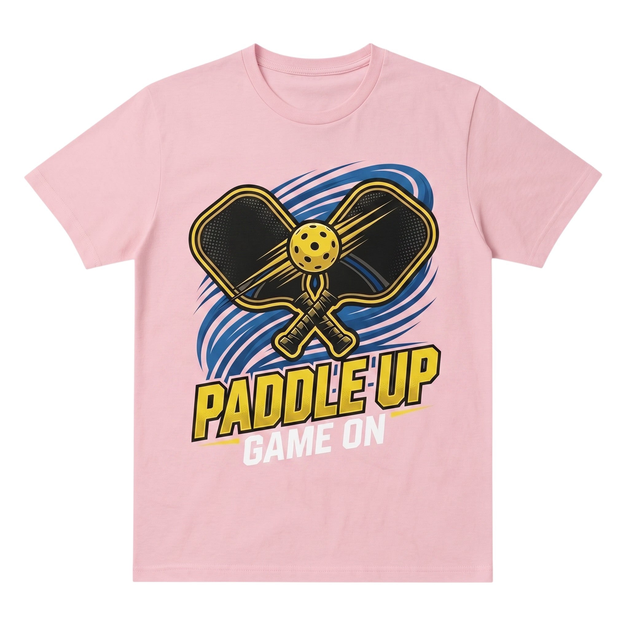 TrendyShift.Com light pink cotton t-shirt featuring a Paddle Up Game On pickleball graphic with paddles and ball.