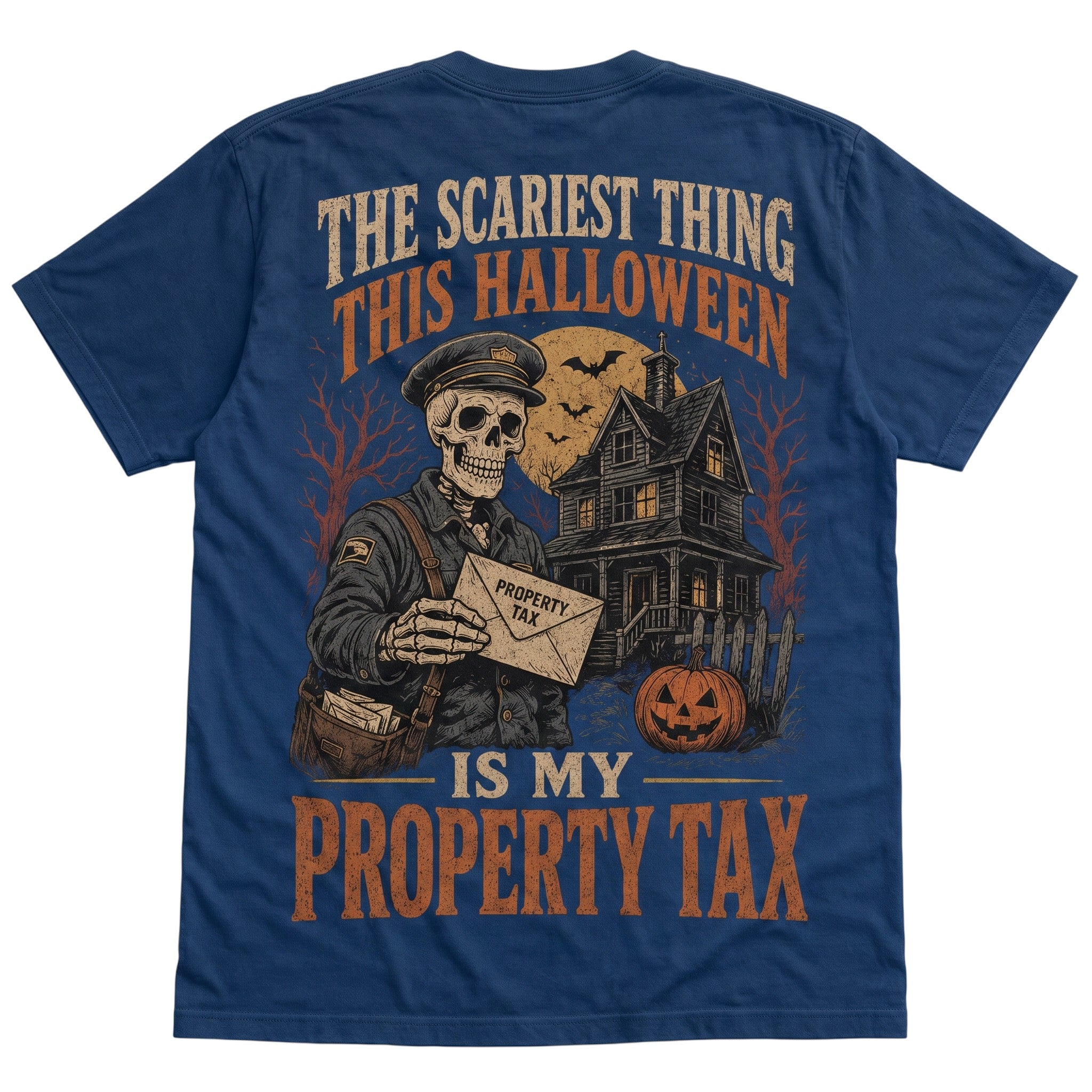 WearTheJoke.com navy blue 100% cotton Halloween t-shirt featuring a skeleton mailman and haunted house graphic.